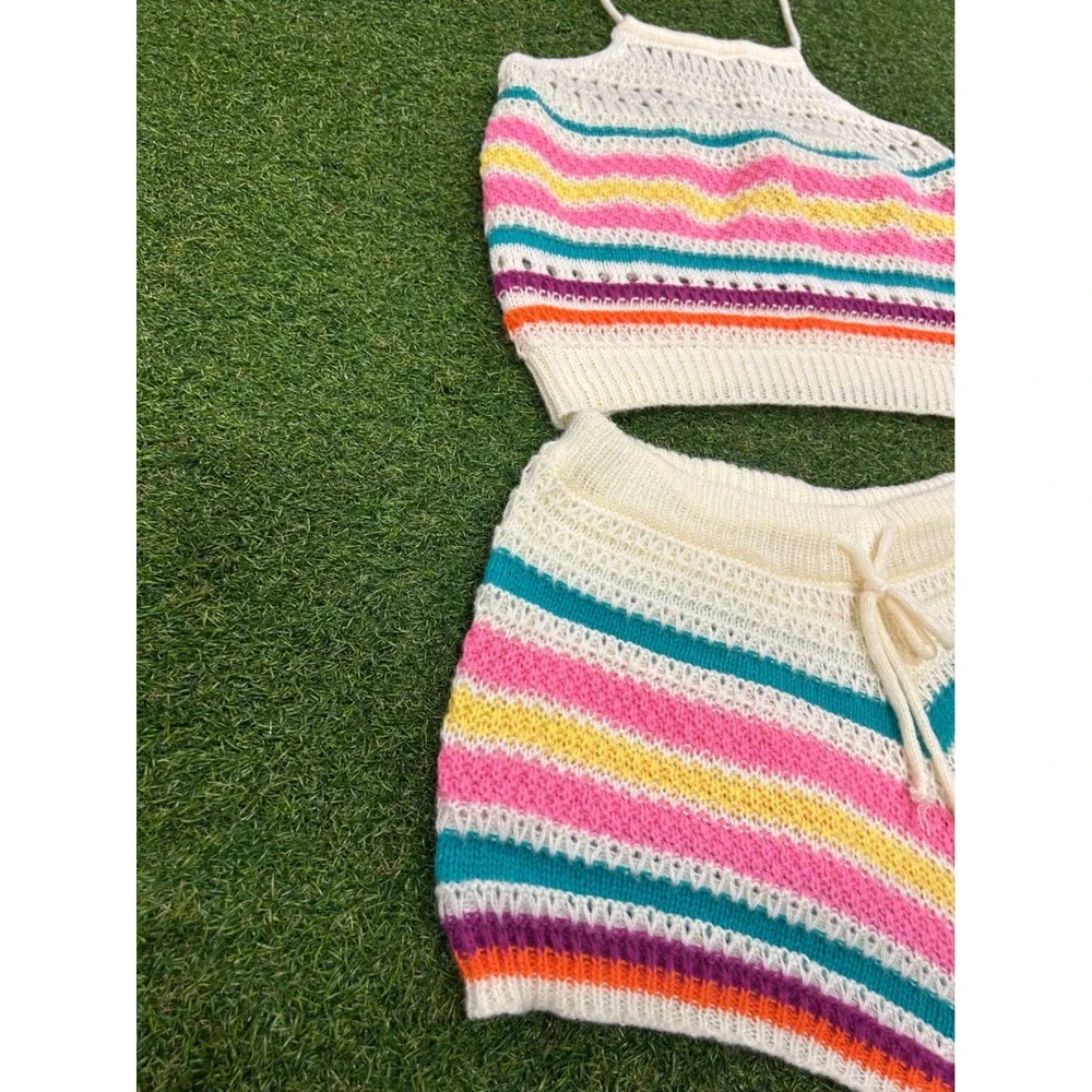 Boho Multi Color Striped Crochet Knit 2 Piece Set Halter Top and Shorts Large